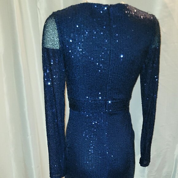 NWT IEENA for Mac Duggal Womens Size 2 Navy Blue Sequin Long Sleeve Mesh Gown - Picture 5 of 13